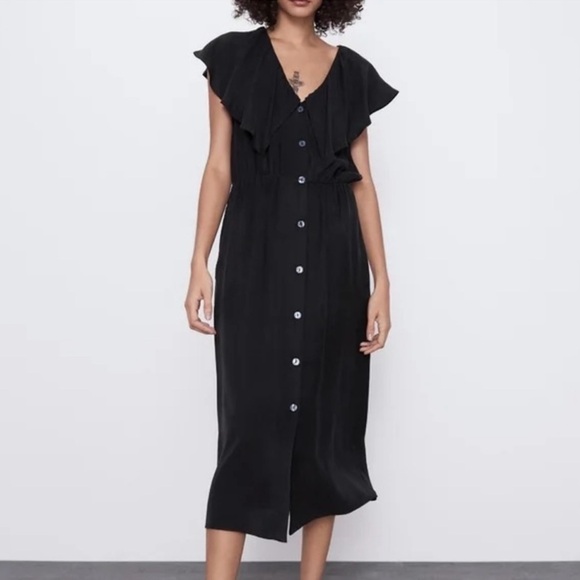 Zara Black Tea Length Button Front Dress - Picture 1 of 7